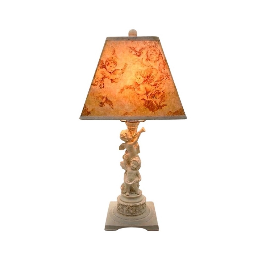 Vintage Cherub Angel Table Lamp Cream Resin Base Toile Shade Shabby Chic Accent